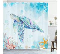 GOOESING Sea Turtle Shower Curtain, Underwater Seaweed Seashell Marine Animals Blue Teal Ocean Tropical Fish Curtain Nautical Set, 180X180cm