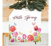 GOOESING Spring Linen Table Runner 72 Inches Long,Hello Spring Watercolor Tulip Table Runner Kitchen Decoration for Home Party Wedding Dining Room Table Top Decor（33x183cm)
