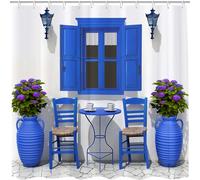 GOOESING Summer Travel Shower Curtain House Flowers Window Image Greek Design Landscape Shower Curtain with Hooks Navy Blue and White Bathroom Decor Washable Waterproof Fabric 180x180cm