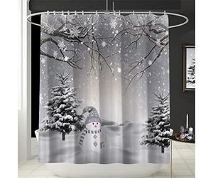 GOOESING Winter Christmas Shower Curtain, Cute Snowman Snowflake Scene Shower Curtains for Bathroom, Pine Tree Covered Snow Fabric Bath Curtains Set with Hooks