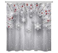 GOOESING Winter Snowflake Shower Curtain - Silver Christmas With Wood Plank Design for Bathroom, 180x180 Curtain Sets With Hooks