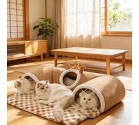 GoofyPet Cute Tunnel Cat Bed with Plush Mat, Cozy Cave Cat House with Antler Design, Interactive Cat Hideaway for Indoor Cats, Soft and Washable Pet Bed for Kittens and Small Cats(Brown,Large)