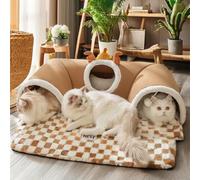 GoofyPet Washable Cat Play Tunnel & Bed Set with Cushioned Mat - Interactive Hideaway with Plush Peekaboo Cave, Removable Toys for Indoor Kittens, Puppies, Rabbits, Brown (Medium)