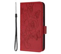 Google Pixel 7 Case, RFID Blocking Flip Wallet Case with Card Slots Kickstand Magnetic Clasp Case for Google 7, Shockproof PU Leather Embossed Flowers with Hand Strip for Women Girls, Red