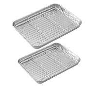 GOOHOCHY 2 Sets Stainless Steel Baking Tray with Wire Rack Compact Baking Pan for Oven Cooking and Cooling Cakes Bread Cookies
