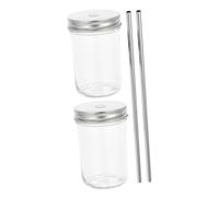 GOOHOCHY 2 Sets Wide Mouth Glass Cups with Lid and Straw 250ml Juice Storage Mug Beverage Cup for Tea Milk Office Home Break Resistant