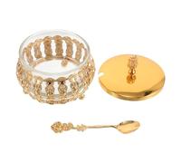 GOOHOCHY Elegant Golden Sugar Bowl with Spoon, Multi-Purpose Iron and Glass Sealed Storage Container for Household and Kitchen Use, Decorative Airtight Condiment Pot with