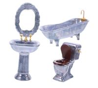 GOOHOCHY Miniature Porcelain Dollhouse Bathroom Set Mini Bath Tub Sink Toilet Blue-grey Micro Furniture for Collectors and Decorations