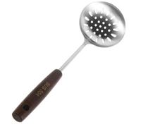 GOOHOCHY Portable Slotted Serving Spoon with Wooden Handle, Stainless Steel Kitchen Utensil for Quick Drainage and Draining Excess Water, for Household Cooking and Asian Wok Colander Use