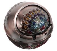 GOOHOCHY Retro Metal Ashtray with Lid, Small Portable Outdoor Ash Tray for Patio and Home, Red Peacock Design, Anti-drop Vintage European Style for Men’s