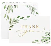 Gooji 4x6 Greenery Leaves Gold Foil Thank You Cards (Bulk 20-Pack) Matching Peel-and-Seal Envelopes Assorted Set, Watercolor, Birthday Party, Baby Shower, Weddings, Greeting, Blank Notes