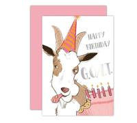 Gooji 5x7 GOAT Birthday Card - Funny Happy Birthday Greeting with Party Hat & Cake Design - Unique Animal-Themed Card for All Ages - Blank Inside with Funny Quote (GOAT: The Greatest of All Time)