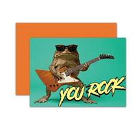 Gooji Funny Rockstar Toad Birthday Card with Orange Envelope - Cool Frog Playing Electric Guitar Greeting for Musician, Son, Husband or Brother - Humorous You Rock Pun Bday Note for Boys & Men