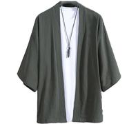 Goolecrimp Men's Linen Cardigan Japanese Kimono Loose Fashions Casual Cardigan Jacket Shawl Lapel Shirt Seven Sleeve Lightweight Breathable Cotton Cardigan (Green,XL)