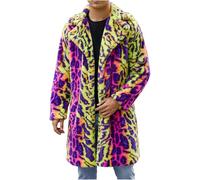 Goolecrimp Men's Mid-Length Leopard Faux Fur Coat Winter Color Blocking Leopard Pattern Thickened Fluffy Warm Coat Fashion Loose Windproof Coat (Color 1,XL)