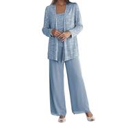Goolecrimp Women's Bridal Gown Skirt Pants Elegant Wedding Guest Suit Chiffon Lace 3 Piece Bridal Trousers Set Chiffon Wedding Trousers Set (Blue,XL)