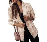 Goolecrimp Women's Checkered Tweed Blazer Fashionable Lapel Double-Breasted Office Formal Tweed Jacket Elegant Business Office Casual Blazer (Beige-Khaki,XXL)