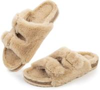 Goolecrimp Women's Cozy Lined Open Toe Slippers Cork Footbed Cozy Plush Women's Slippers Fashion Gift Slippers Fluffy Home Slippers (Khaki,39)