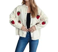 Goolecrimp Women's Cute Strawberry Pattern Sweater Fashion Loose Round Neck Button Knit Jacket Casual Trend Sweet Warm Ribbed Knit Sweater (White,M)