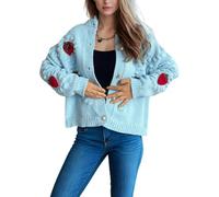 Goolecrimp Women's Cute Strawberry Pattern Sweater Fashion Loose Round Neck Button Knit Jacket Casual Trend Sweet Warm Ribbed Knit Sweater (Blue,L)