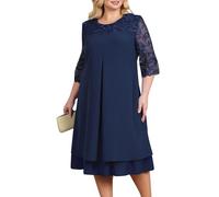 Goolecrimp Women's Elegant Lace Mother of the Bride Dresses Seven Sleeve Round Neck Elegant Lace Cocktail Dresses Long Elegant Suitable Wedding Guest Dresses (Blue,XL)