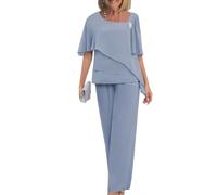 Goolecrimp Women's Elegant Tulle Chiffon Blouse and Pants Evening Dress Set Plus Size Wedding Cocktail Festivals Chiffon Hot Drill Wide Leg Pants Two Piece Set (Blue Grey,M)