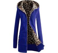 Goolecrimp Women's Retro Leopard Print Lining Fashion Street Trend Slim Hooded Jacket Spring and Autumn Casual Zipper Thin Fleece Long-sleeved Jacket (Blue,XL)