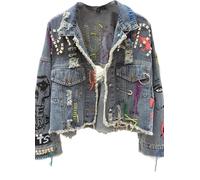 Goolecrimp Women's Short Embroidered Rivets Fringe Punk Jacket Women's Spring and Fall Trend Street Graffiti Fashion Loose Casual Denim Jacket (Blue,One Size)