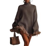 Goolecrimp Women's Spring and Autumn Elegant Retro Casual Lace Edge Splicing Hem High Neck Knitted Dress Fashion Trend Loose Pullover Knitted Sweater (Brown,XL)