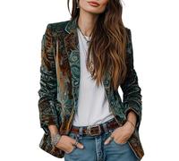 Goolecrimp Women's Spring Bohemian-Style Printed Long-Sleeve Collared Blazer Retro Elegance Business Office Suit Jacket Suitable for Both Casual and Formal Occasions (Green,XL)