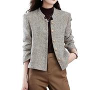 Goolecrimp Women's Stand-up Collar Vintage Button Tweed Jacket Elegant Slim Work Office Business Short Tweed Jacket Single-Breasted Tweed Suit Jacket (Khaki,S)