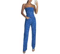 Goolecrimp Women's Summer Elegant Business Two Pieces Set Sexy Strapless Shiny Rhinestone Vest + Sequined Denim Trousers Elegant Work Office Suit (In Dark Blue,XXL)