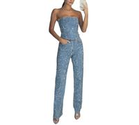 Goolecrimp Women's Summer Elegant Business Two Pieces Set Sexy Strapless Shiny Rhinestone Vest + Sequined Denim Trousers Elegant Work Office Suit (In Blue,XL)