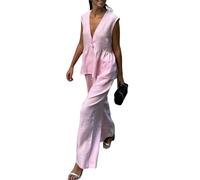 Goolecrimp Women's v-neck button-down sleeveless top vest pants set casual two-piece set Lotus Leaf Trim Vest Wide Leg Trousers Matching Set (Pink,M)