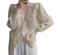 Goolecrimp Women's V-Neck Elegant Openwork Crochet Lantern Sleeve Knit Shirt Retro Fashion Pearl Decoration Soft Thin Knit Sweater Loose Casual Shirt (Beige,One Size)