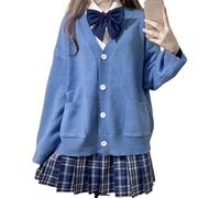 Goolecrimp Women's Varsity Sweater V-Neck Button Knit Cardigan with Pockets Jacket Kawaii Cute Sweater Oversized Cardigan Aesthetic Long Sleeve Knit (Blue,One Size)