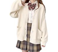 Goolecrimp Women's Varsity Sweater V-Neck Button Knit Cardigan with Pockets Jacket Kawaii Cute Sweater Oversized Cardigan Aesthetic Long Sleeve Knit (White,One Size)