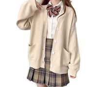 Goolecrimp Women's Varsity Sweater V-Neck Button Knit Cardigan with Pockets Jacket Kawaii Cute Sweater Oversized Cardigan Aesthetic Long Sleeve Knit (Almond,One Size)