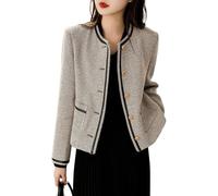 Goolecrimp Women's Vintage Striped Collarless Tweed Jacket Elegant Slim Work Office Business Short Soft Tweed Jacket Button Down Business Loose Jacket