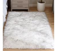 Goolela 4x6 Fuzzy White and Grey Tips Area Rug for Living Room Washable Shag Rug for Bedroom Fluffy Faux Sheepskin Fur Rug Home Decor, Rectangle