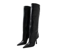 Goolita Fold Over Boots For Women, Pointed Toe Stiletto Heel Knee High Boots Fashion Comfortable Slip On Tall Boots, Pu-black, 7 UK