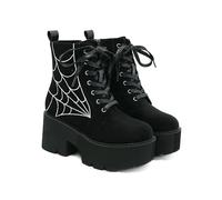 GooMaShoes Women'S Black Embroidered Faux Suede Platform Goth Chunky Heel Lace Up Combat Boots, Gothic High Heel Punk Ankle Boots, Side Zipper Thick-Soled Emo Motorcycle Boots Shoes (UK 6.5)