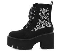 GooMaShoes Women's Black Lace up Embroidered High Heel Platform Boots Goth Shoes, Punk Block Faux Suede Side Zipper Combat Boots, Gothic Round Toe Chunky Heel Ankle Boots (UK Size 6)