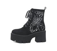 GooMaShoes Women's Black Lace up Spider Embroidered High Heel Platform Boots Goth Shoes, Punk Block Faux Suede Side Zipper Combat Boots, Gothic Round Toe Chunky Heel Ankle Boots (UK Size 4)