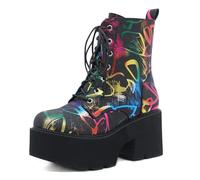 GooMaShoes Women's Color Embroidered Punk Black Chunky Lace Up Platform Boots, Gothic High Heel Round Toe Ankle Combat Boots, Emo Side Zipper Chain Studded Block Goth Boots Shoes (UK Size 5.5)