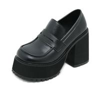 GooMaShoes Women's Comfortable Block Slip on Chunky Loafer Pumps, Kawaii Casual High Heel Platform Loafers Shoes, Classic Lug Sole Heeled Penny Loafers (UK Size 3.5, Black)
