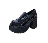 GooMaShoes Women's Comfortable Block Slip on Chunky Loafer Pumps, Kawaii Casual High Heel Shiny Patent Leather Platform Loafers Shoes, Classic Lug Sole Heeled Penny Loafers (UK Size 5, Black)