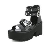 GooMaShoes Women's Goth Black Block Chunky Platform Sandals, Buckle Cutout Open Toe Fisherman Lug Sole Sandals, Gothic Ankle Strap Summer Rome Gladiator Sandal (UK 6)
