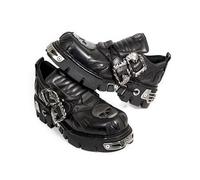 GooMaShoes Women's Metal Buckle Skull Totem Flame Carving Round Closed Toe Goth Platform Shoes, Cosplay Lace up Low Wedge Gothic Heels, Vintage Emo Rock Punk Pumps (Black, UK 6)