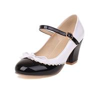GooMaShoes Women's Patent Leather Ankle Strap Vintage Heels with Bow, Cute Round Toe Block Chunky Vintage Shoes, Patchwork Retro Buckle Mary Jane Pumps (UK 5.5, Black)